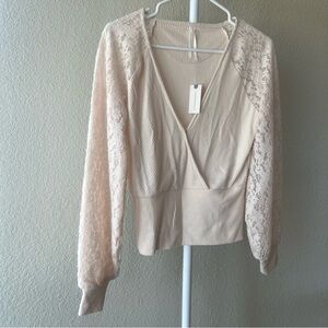 Anthropologie cream long lace sleeve wrap sweater size small NWT